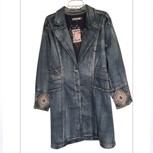 Boutique Name Women's Denim Long Jacket Aztec Diamond Print Design Size 2XL NEW